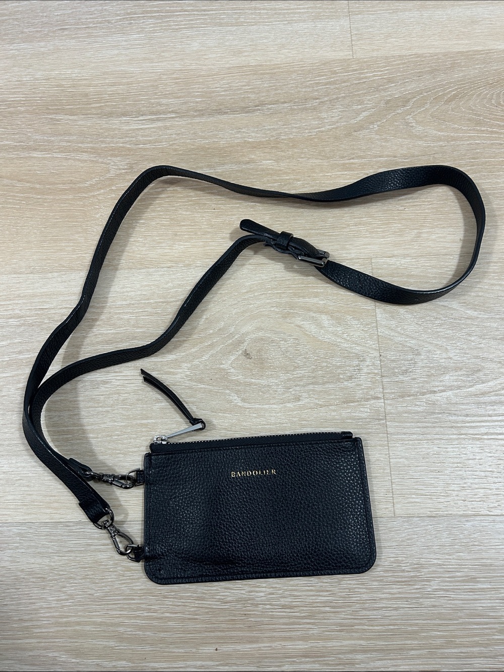Bandolier Black Pebbled Leather Crossbody Card Pouch with Strap